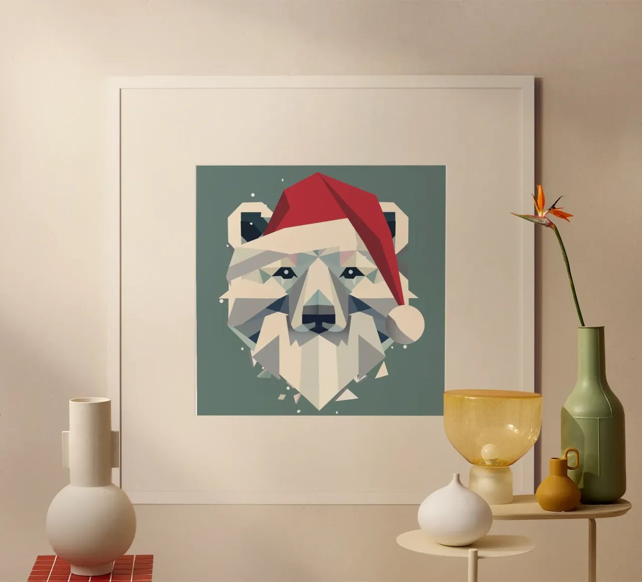 Allegro orso polare natalizio in un moderno stile geometrico poster con telaio in legno da namosh
