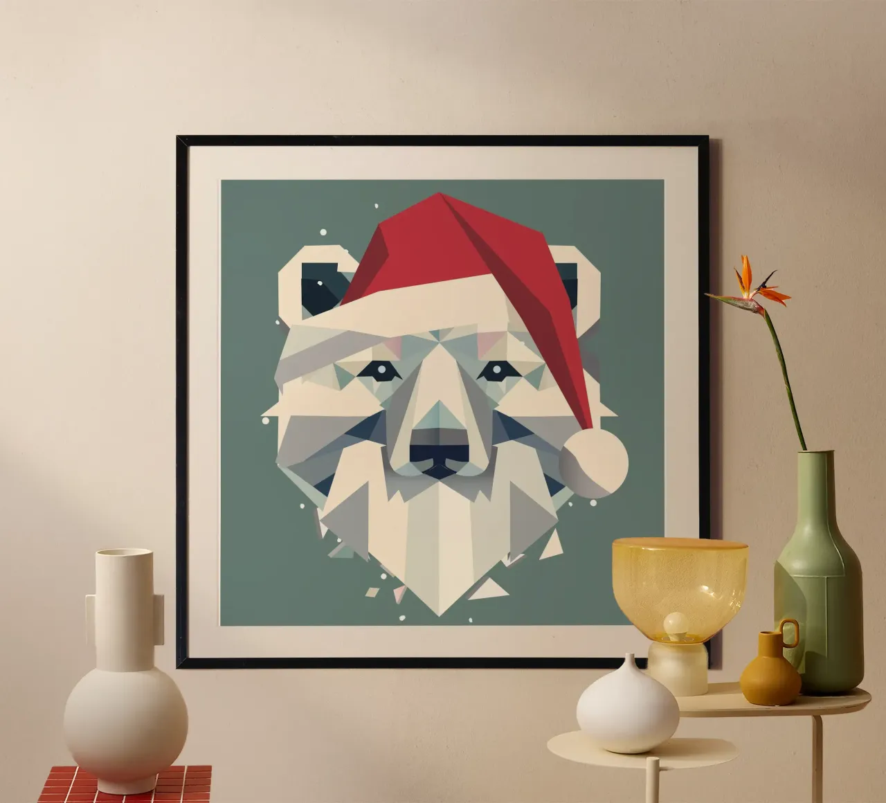 Allegro orso polare natalizio in un moderno stile geometrico poster con telaio in legno da namosh