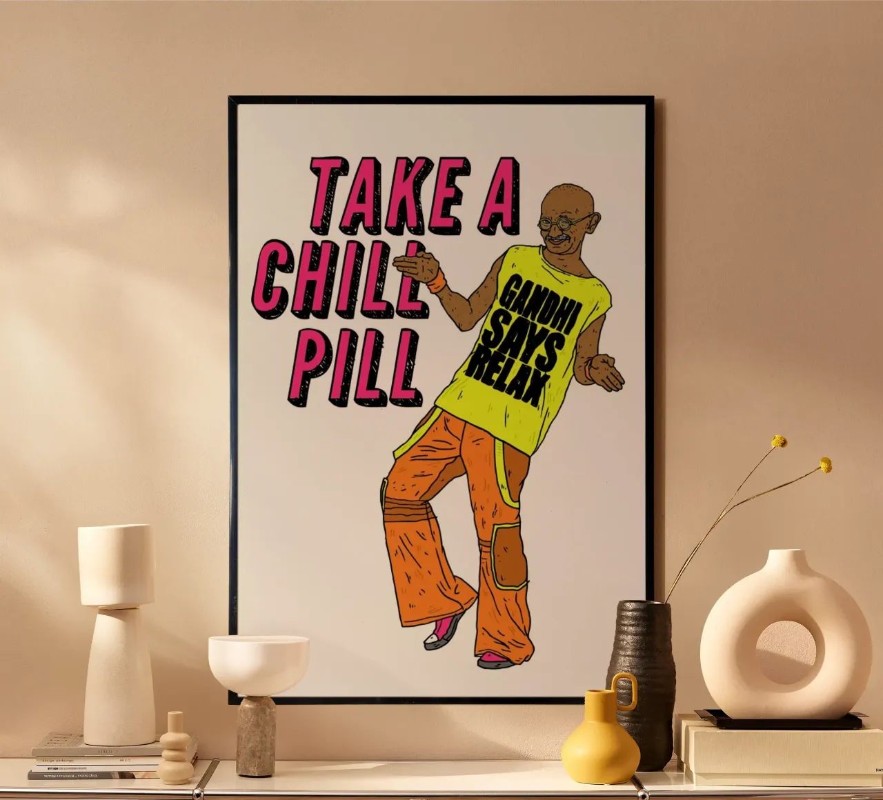 Gandhi One poster con telaio in legno da Nick Cocozza
