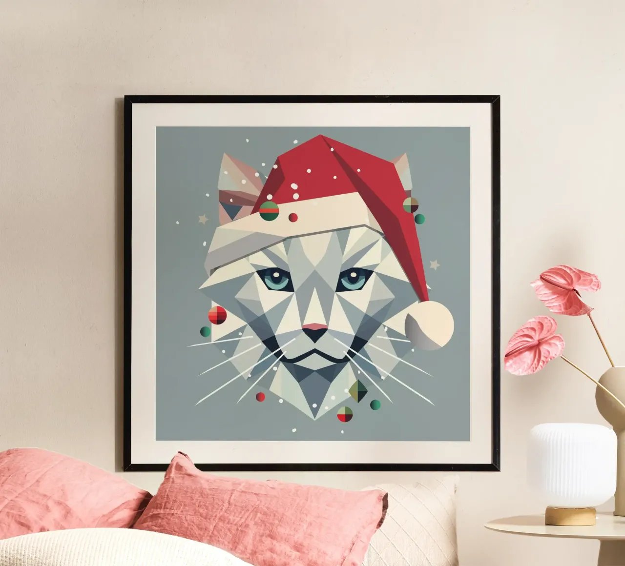 Arte del gatto di Natale in stile geometrico moderno carta hahnemühle da namosh