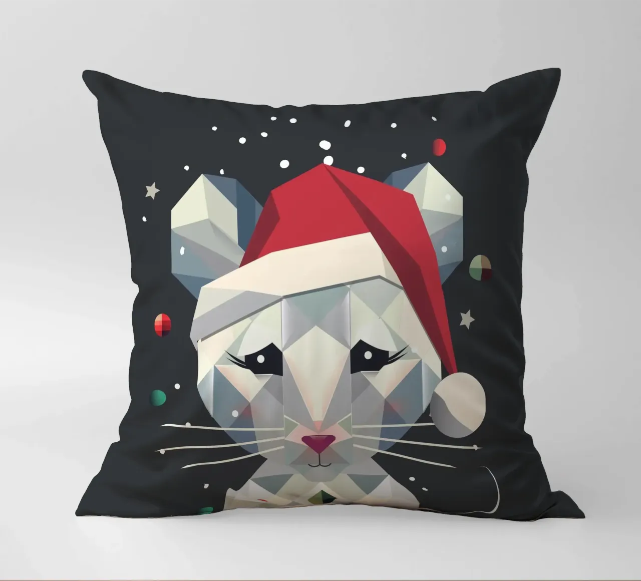 Festive snow mouse in a geometric Christmas design decorative cushion by namosh
