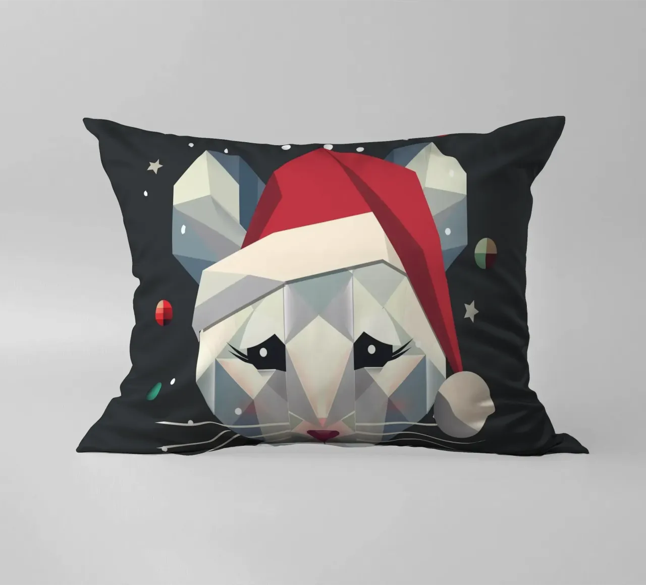 Festive snow mouse in a geometric Christmas design decorative cushion by namosh