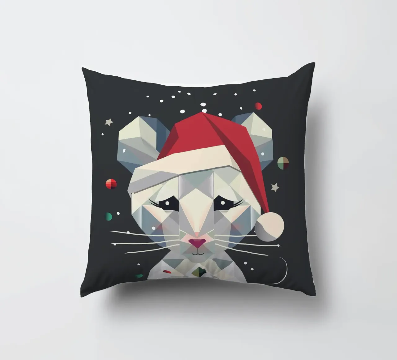 Festive snow mouse in a geometric Christmas design decorative cushion by namosh