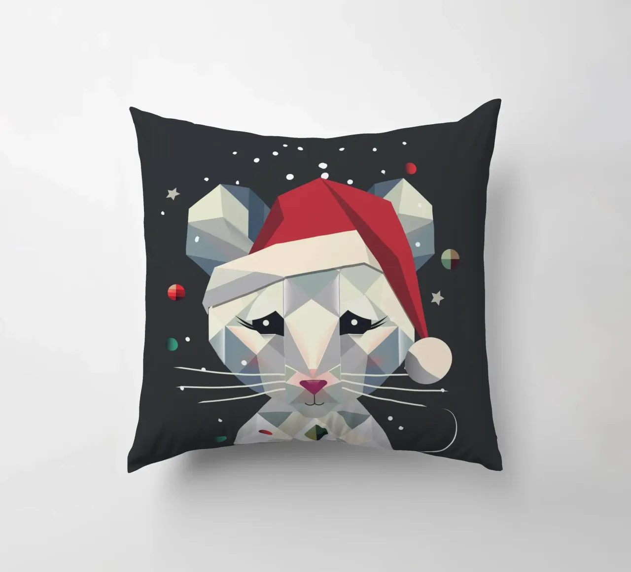Festive snow mouse in a geometric Christmas design decorative cushion by namosh