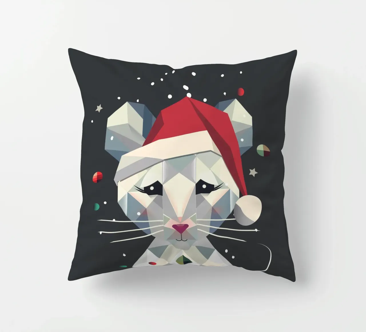 Festive snow mouse in a geometric Christmas design decorative cushion by namosh