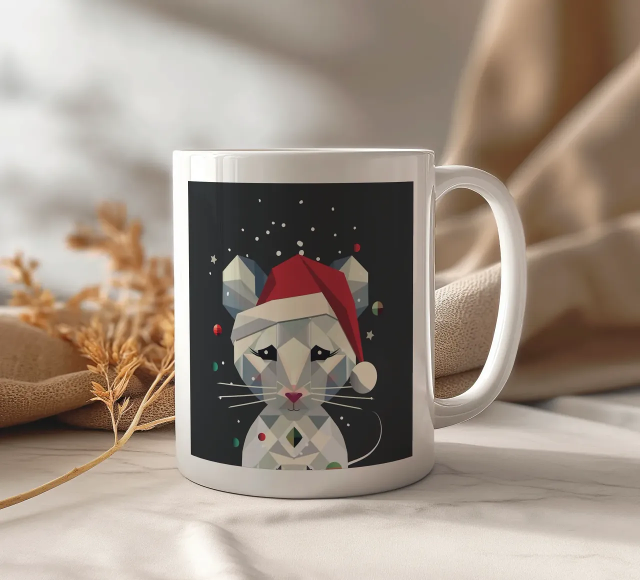 Feestelijke sneeuwmuis in een geometrisch kerstontwerp keramische mok van namosh
