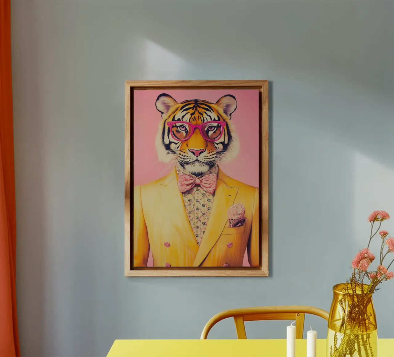Moda tigre in giallo con occhiali rosa alluminio dibond da Autofocus