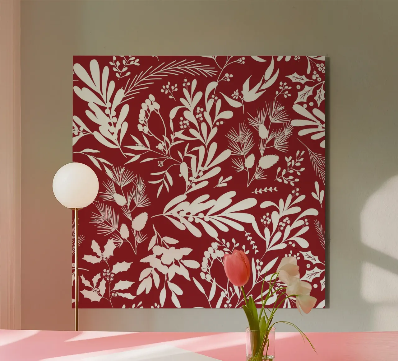 Dark Red Christmas Leaves Pattern alluminio dibond da anisillustration