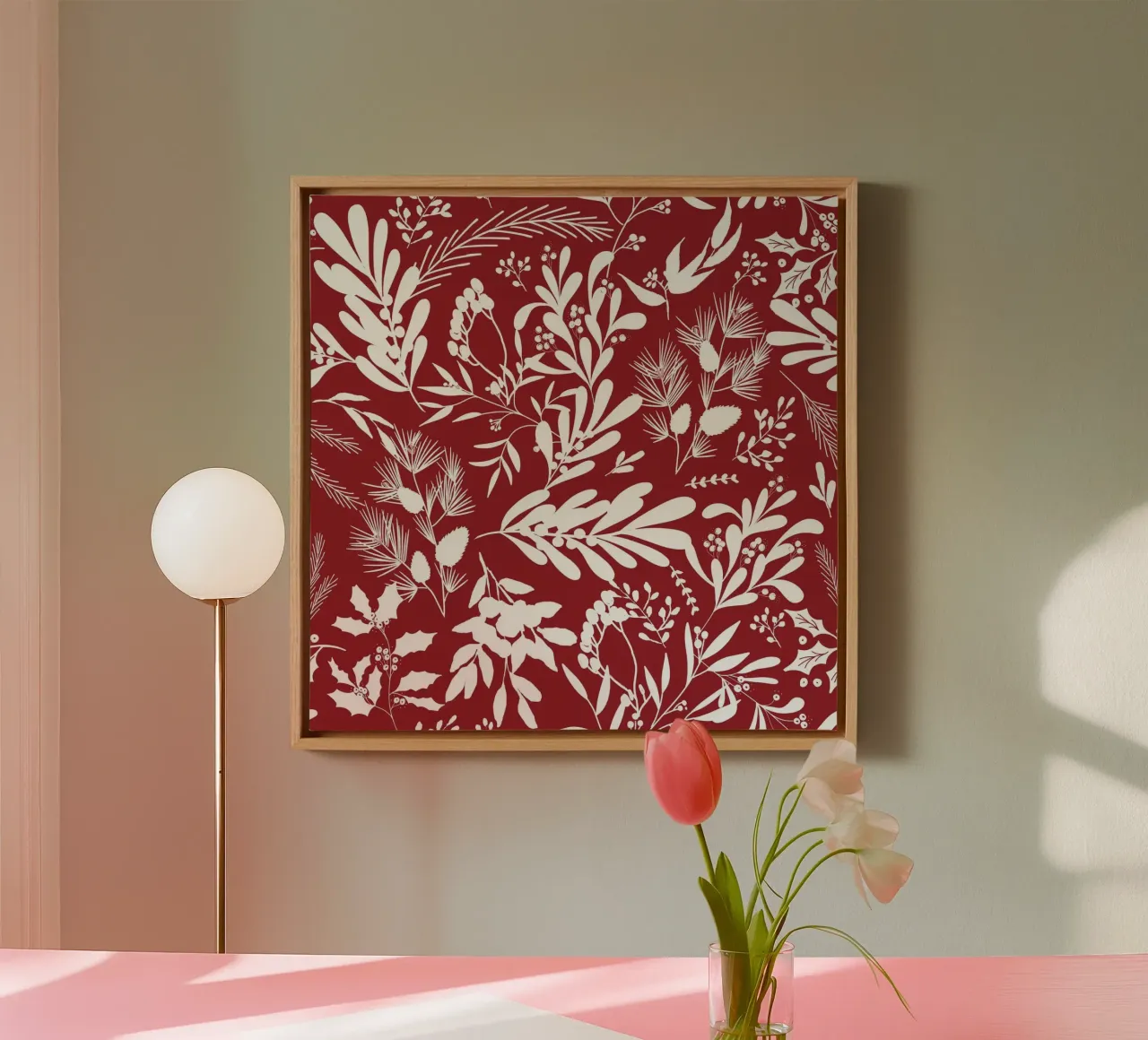 Dark Red Christmas Leaves Pattern canvas by anisillustration