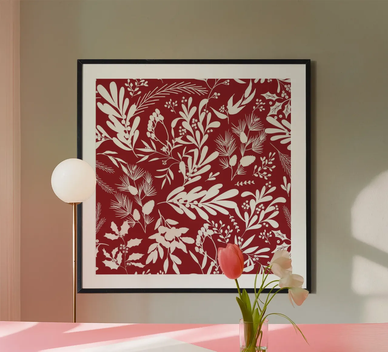 Dark Red Christmas Leaves Pattern carta hahnemühle da anisillustration