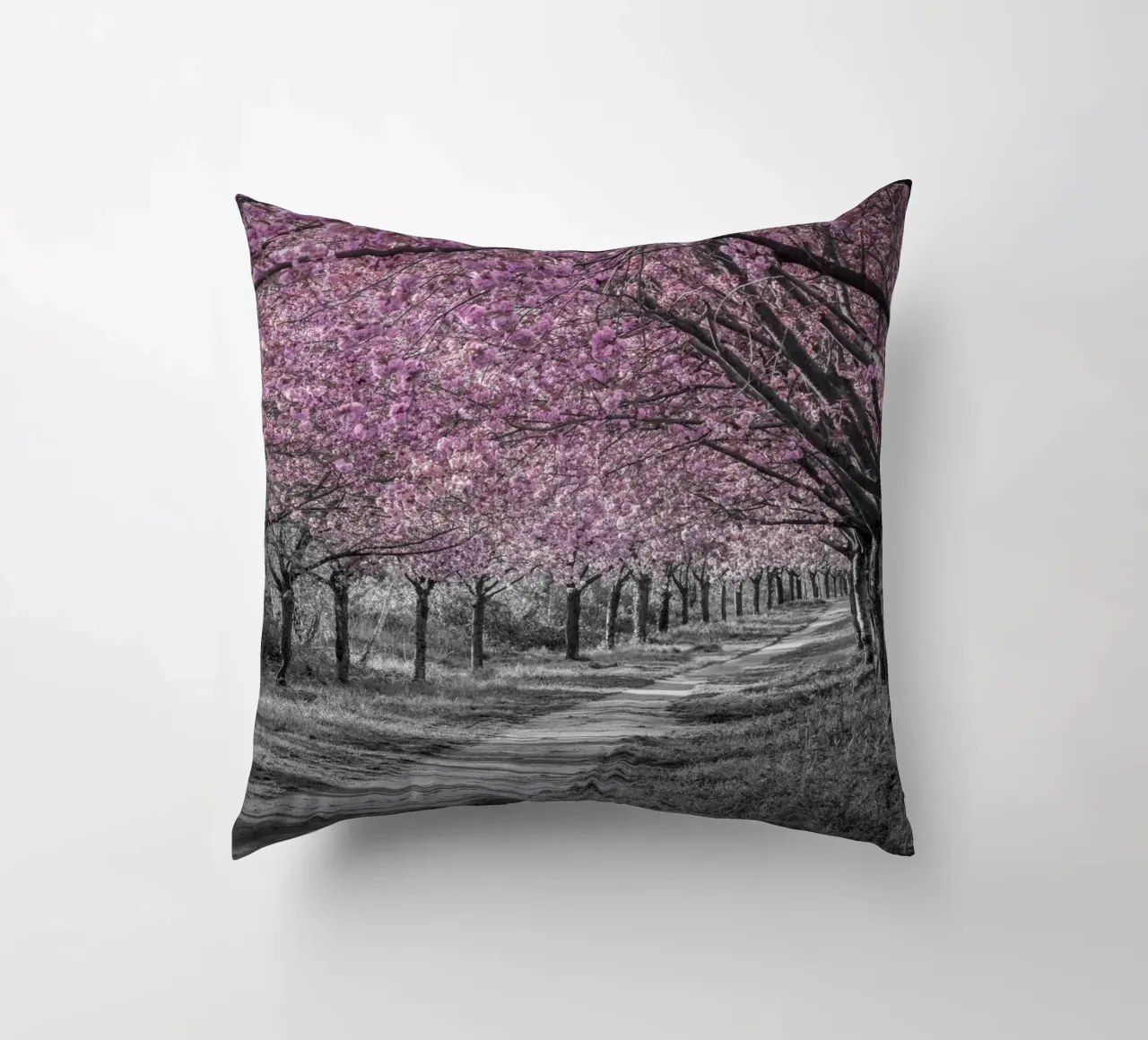 Incantevole viale di ciliegi in fiore in rosa cuscino da Melanie Viola