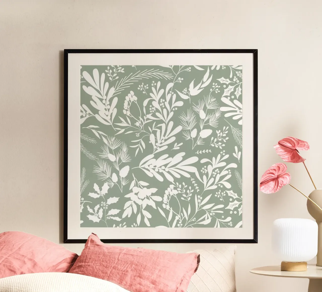 Christmas Botanical Light Green poster con telaio in legno da anisillustration