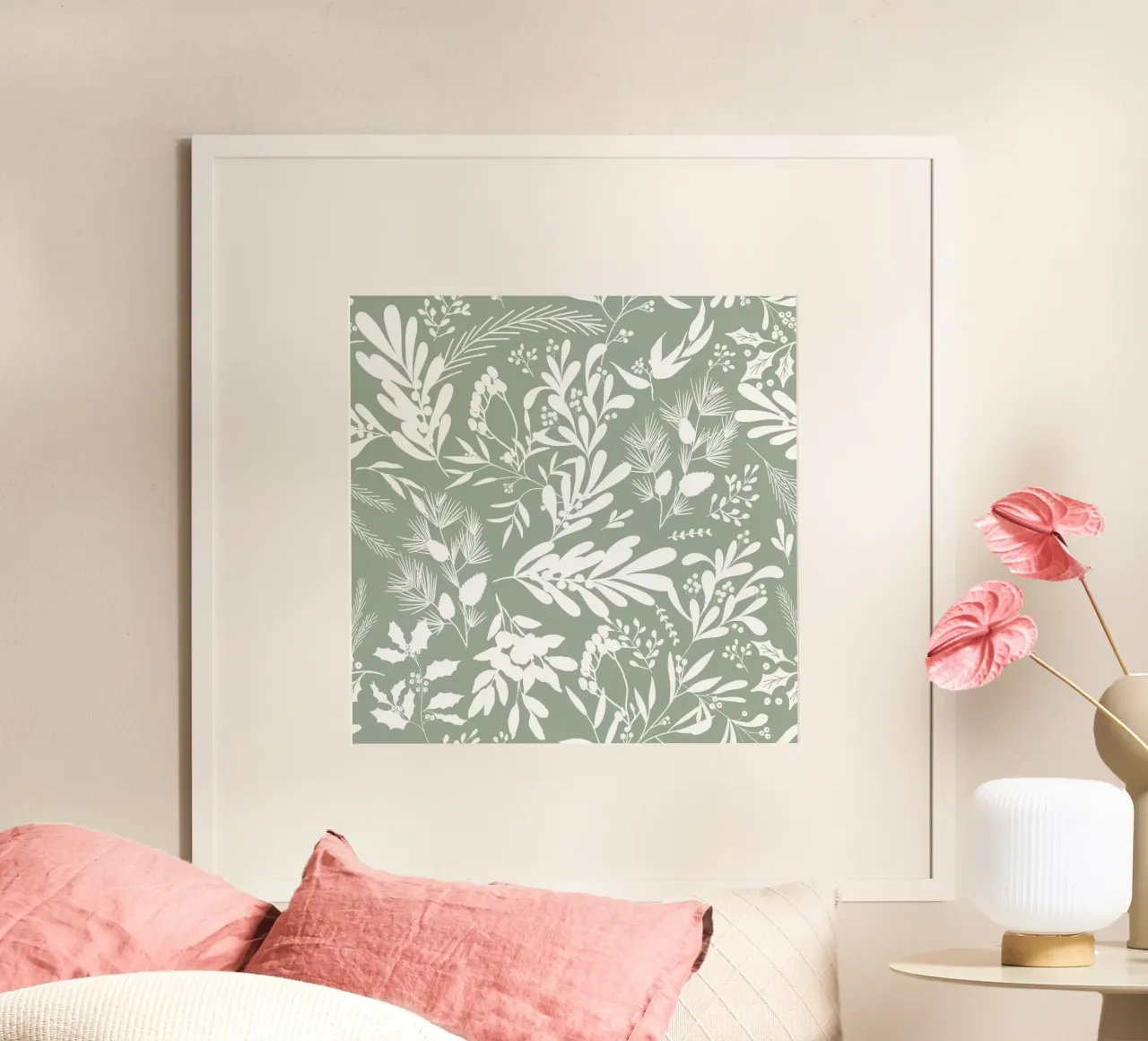 Christmas Botanical Light Green poster con telaio in legno da anisillustration