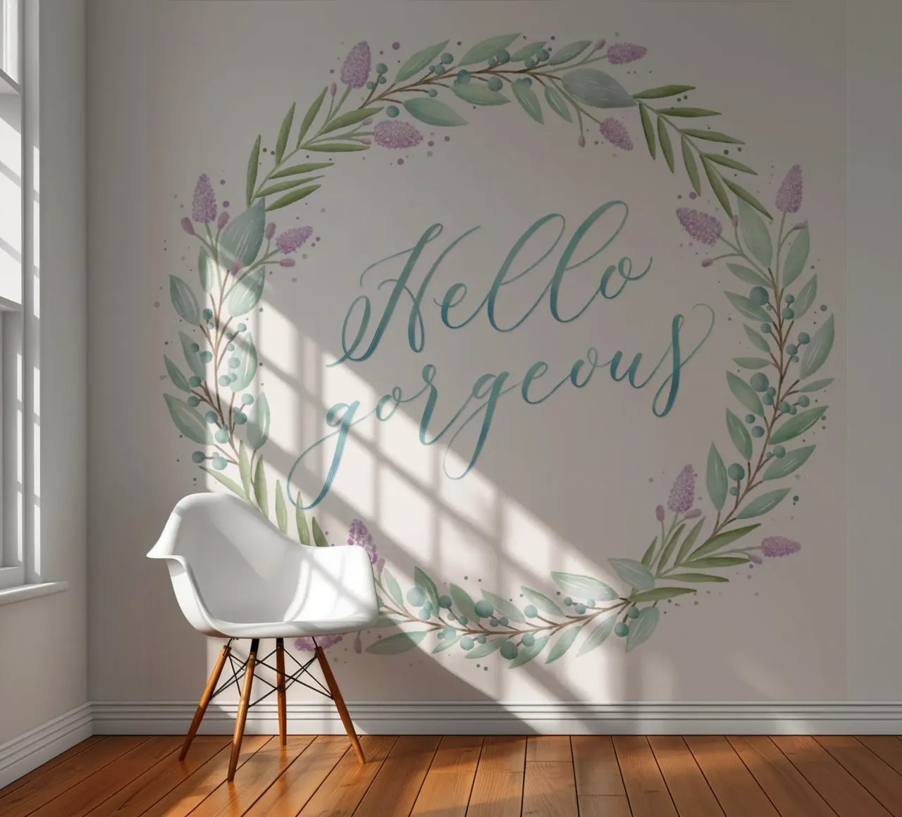 Bloemenkrans: Hallo, prachtig. Bloemen met delicate kalligrafie fotobehang van CalliLetters