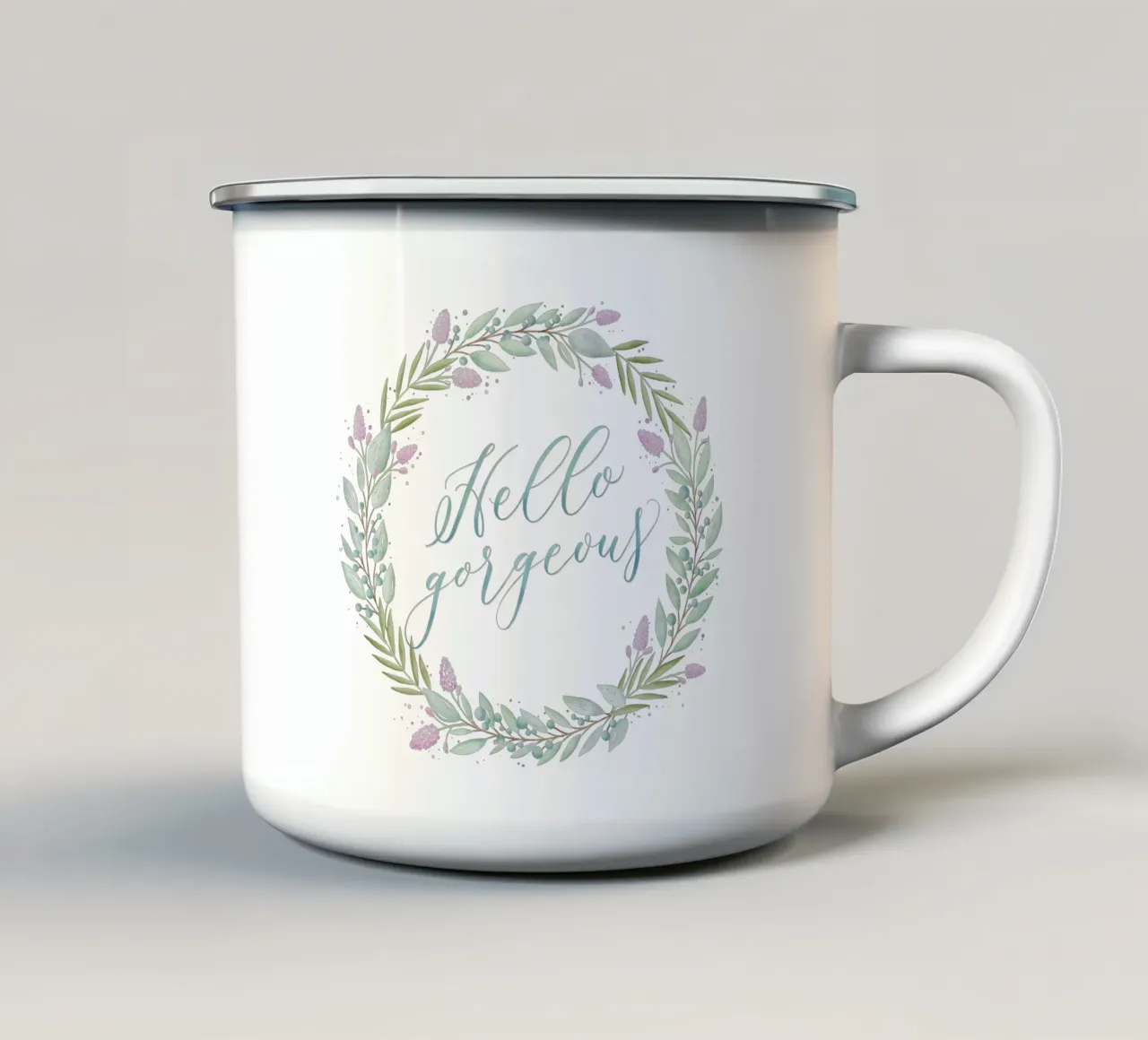 Ghirlanda floreale: Ciao, splendido. Fiori con calligrafia delicata tazza in smalto da CalliLetters