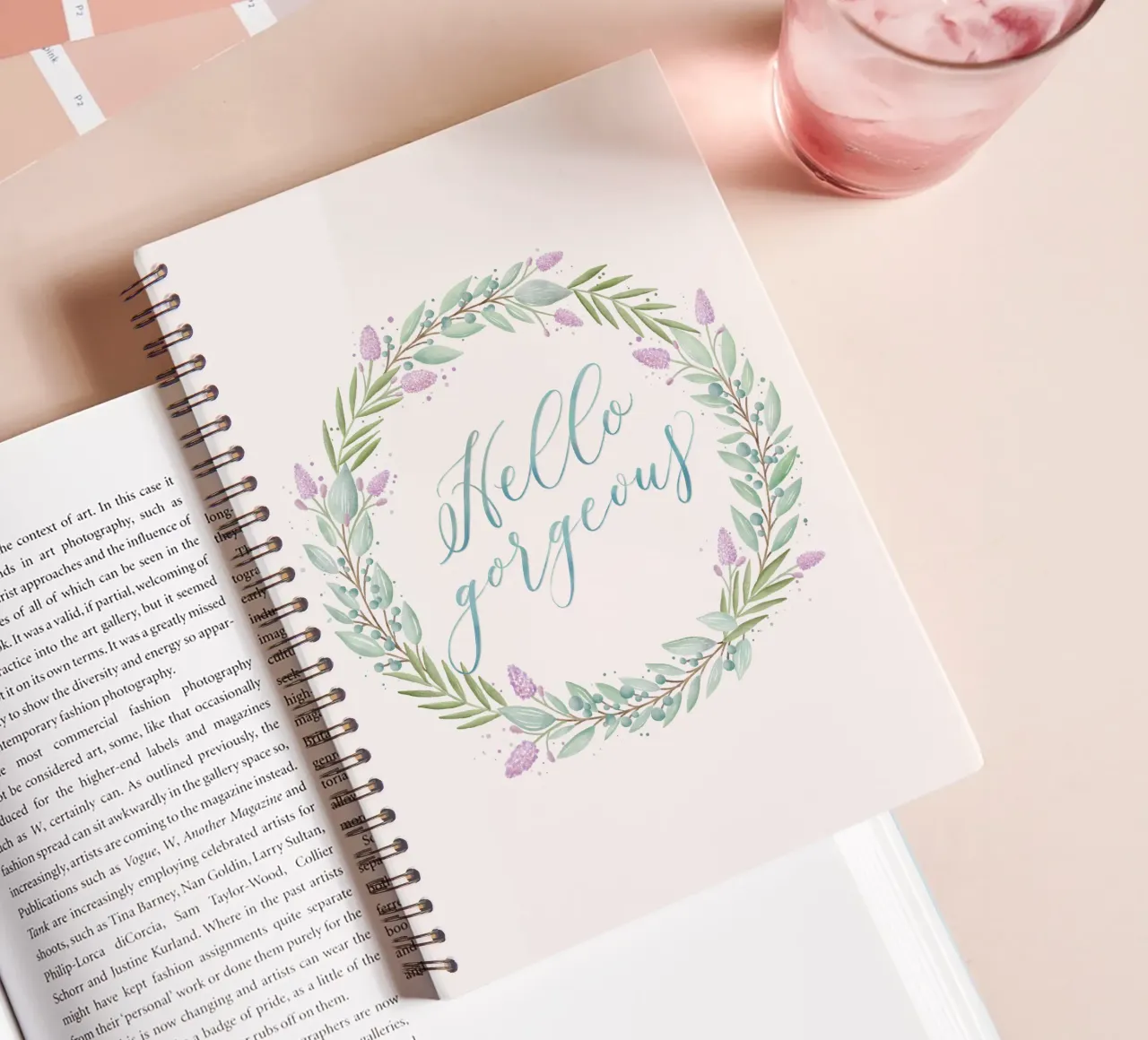 Floral wreath: Hello, gorgous. Florals with delicate calligraphy spiral notebook by CalliLetters