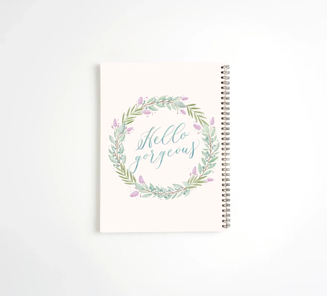 Floral wreath: Hello, gorgous. Florals with delicate calligraphy spiral notebook by CalliLetters