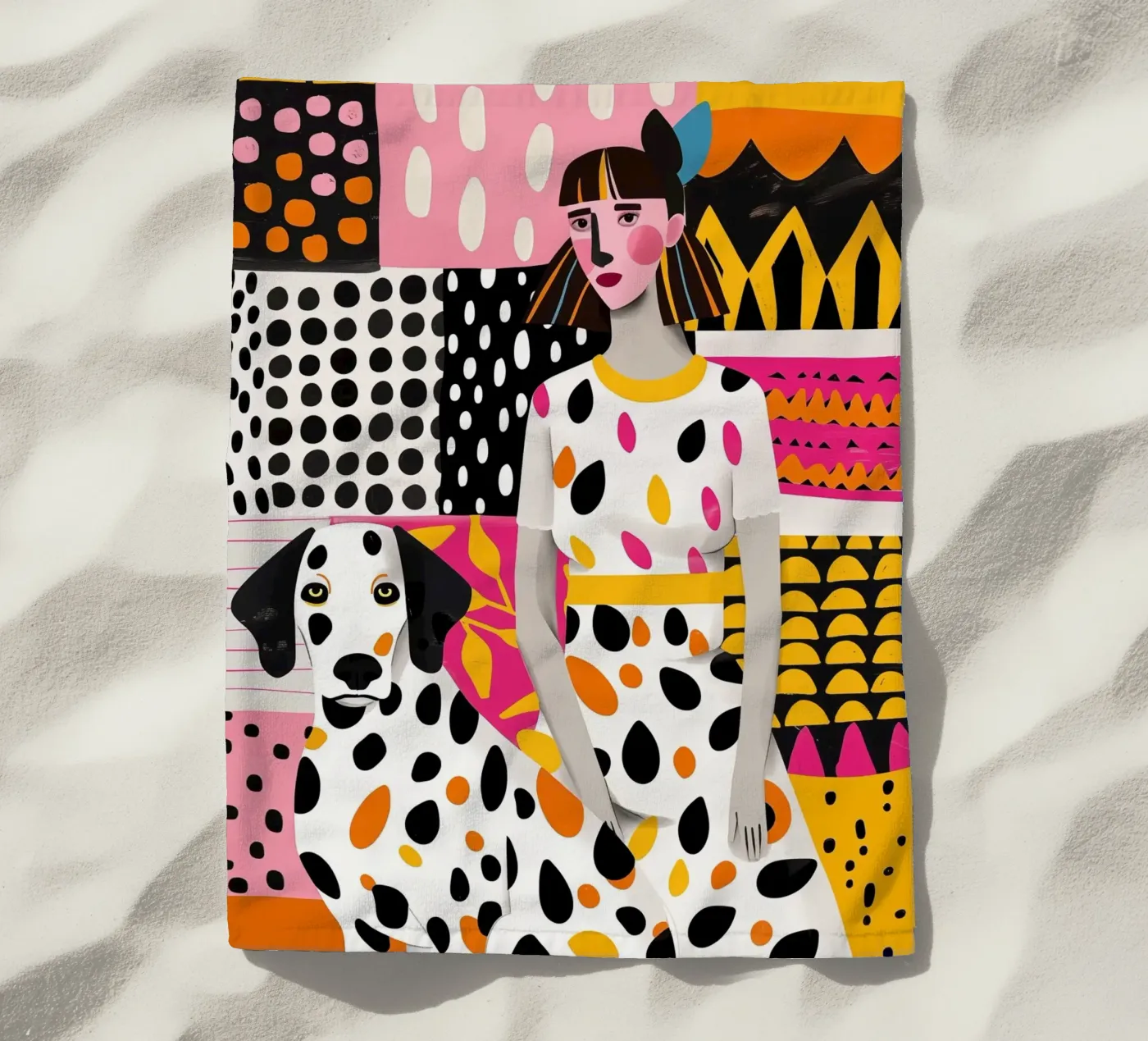 Dalmatian Collage | Woman and Dog Patchwork Strandtuch von Autofocus