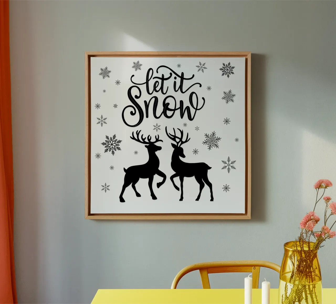 Que nieve. Adornos navideños con ciervo y cierva. lienzo con Marco flotante de CalliLetters