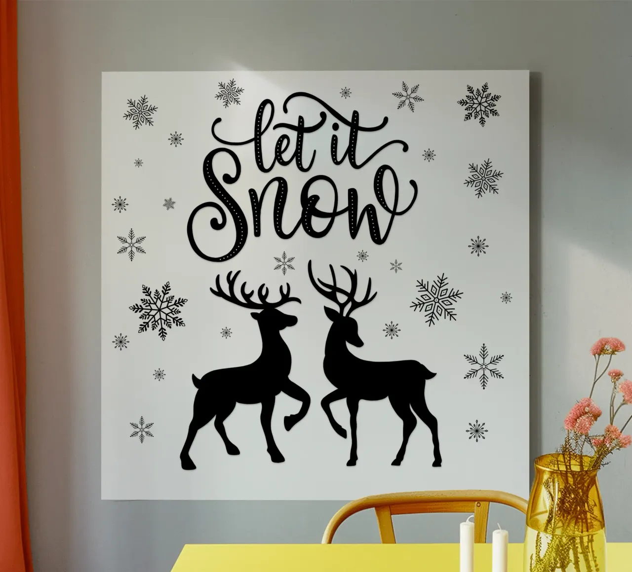 Que nieve. Adornos navideños con ciervo y cierva. lienzo con Marco flotante de CalliLetters