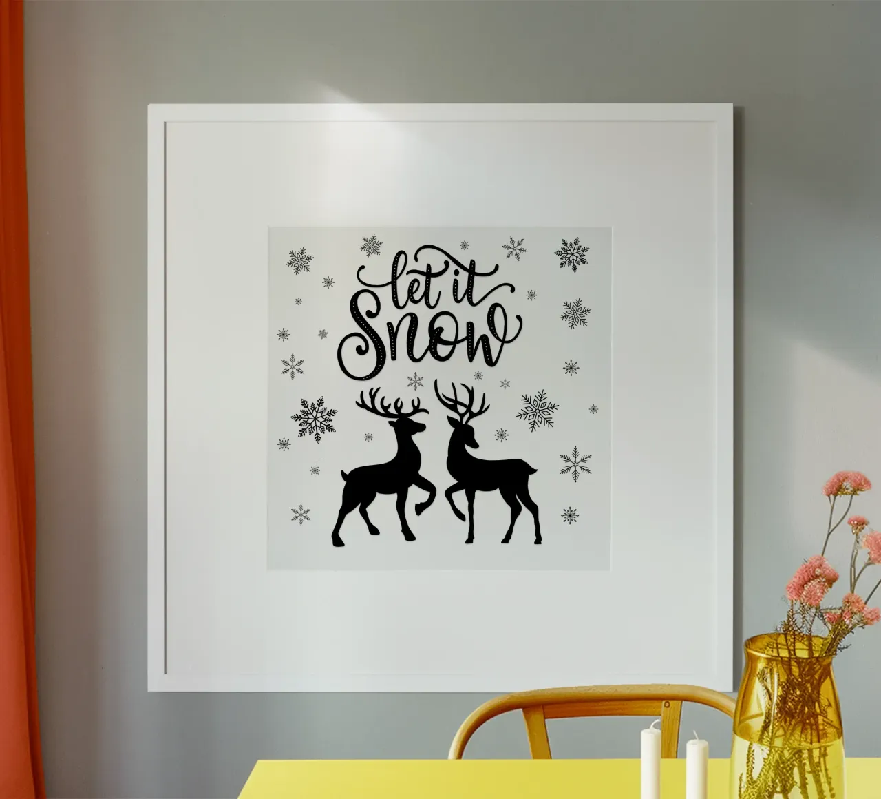 Let It Snow (qu'il neige). Décor de Noël avec un cerf et une biche. poster avec cadre en bois de CalliLetters