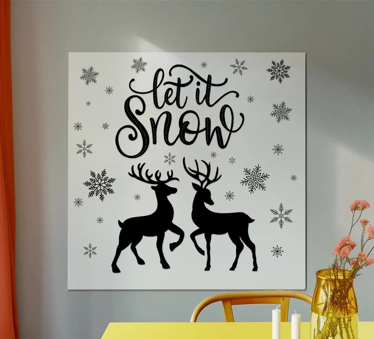 Let It Snow (qu'il neige). Décor de Noël avec un cerf et une biche. poster avec cadre en bois de CalliLetters