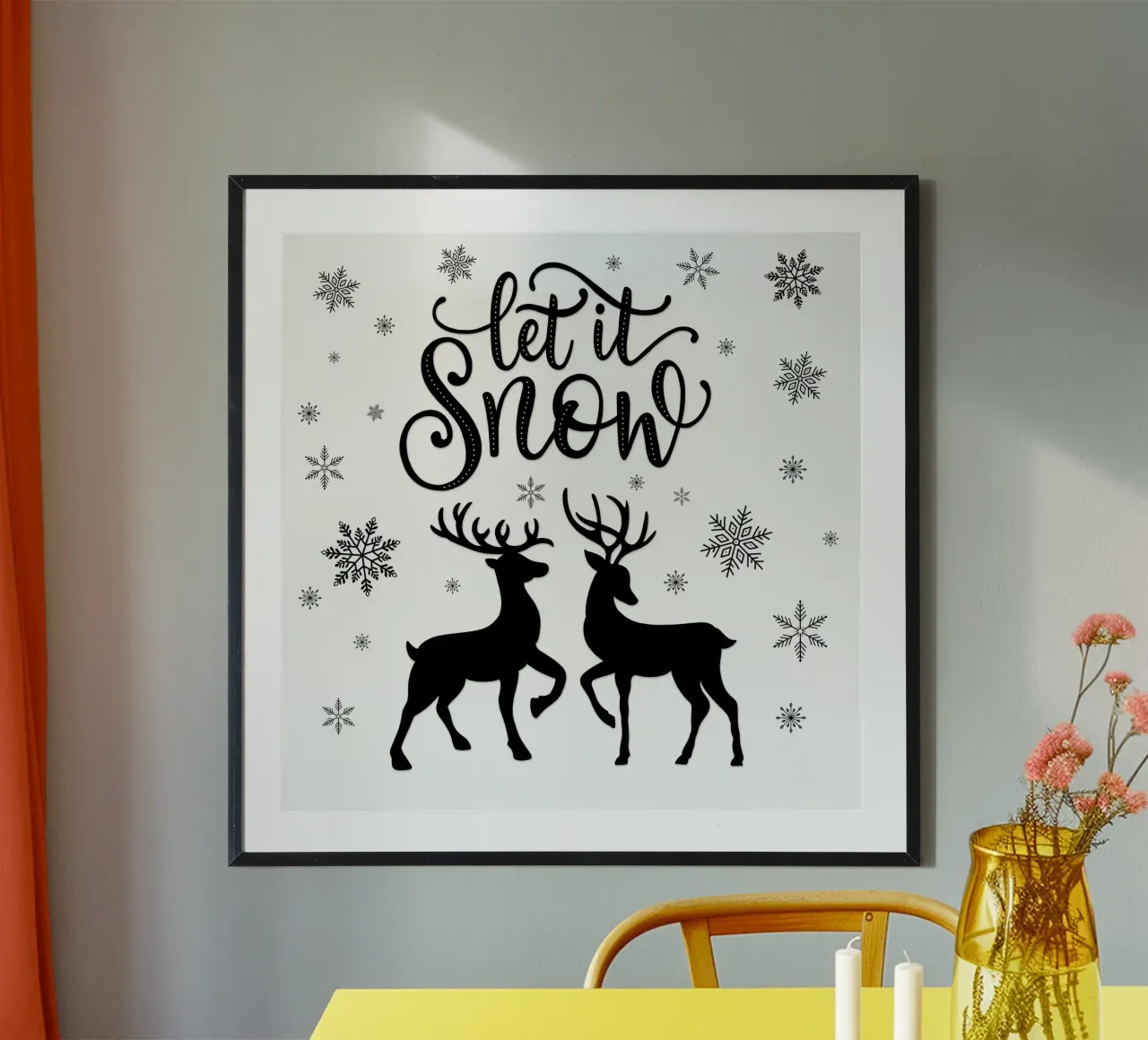 Let It Snow (qu'il neige). Décor de Noël avec un cerf et une biche. poster avec cadre en bois de CalliLetters