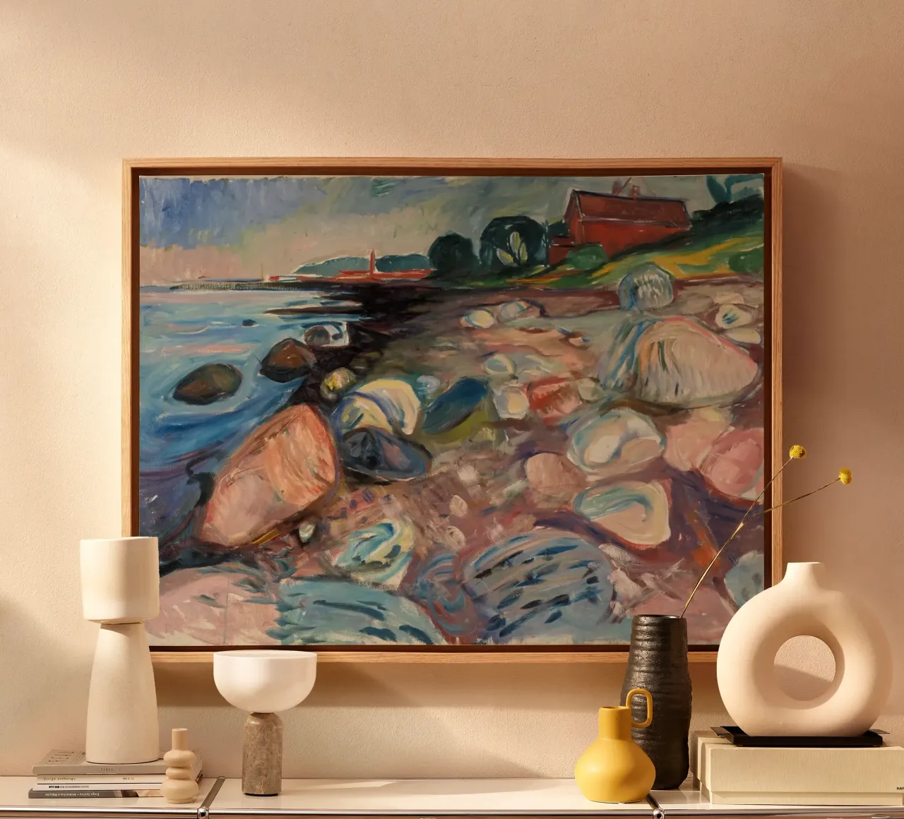 Edvard Munch - Shore with Red House canvas with Floater frame by Timeless Artworks