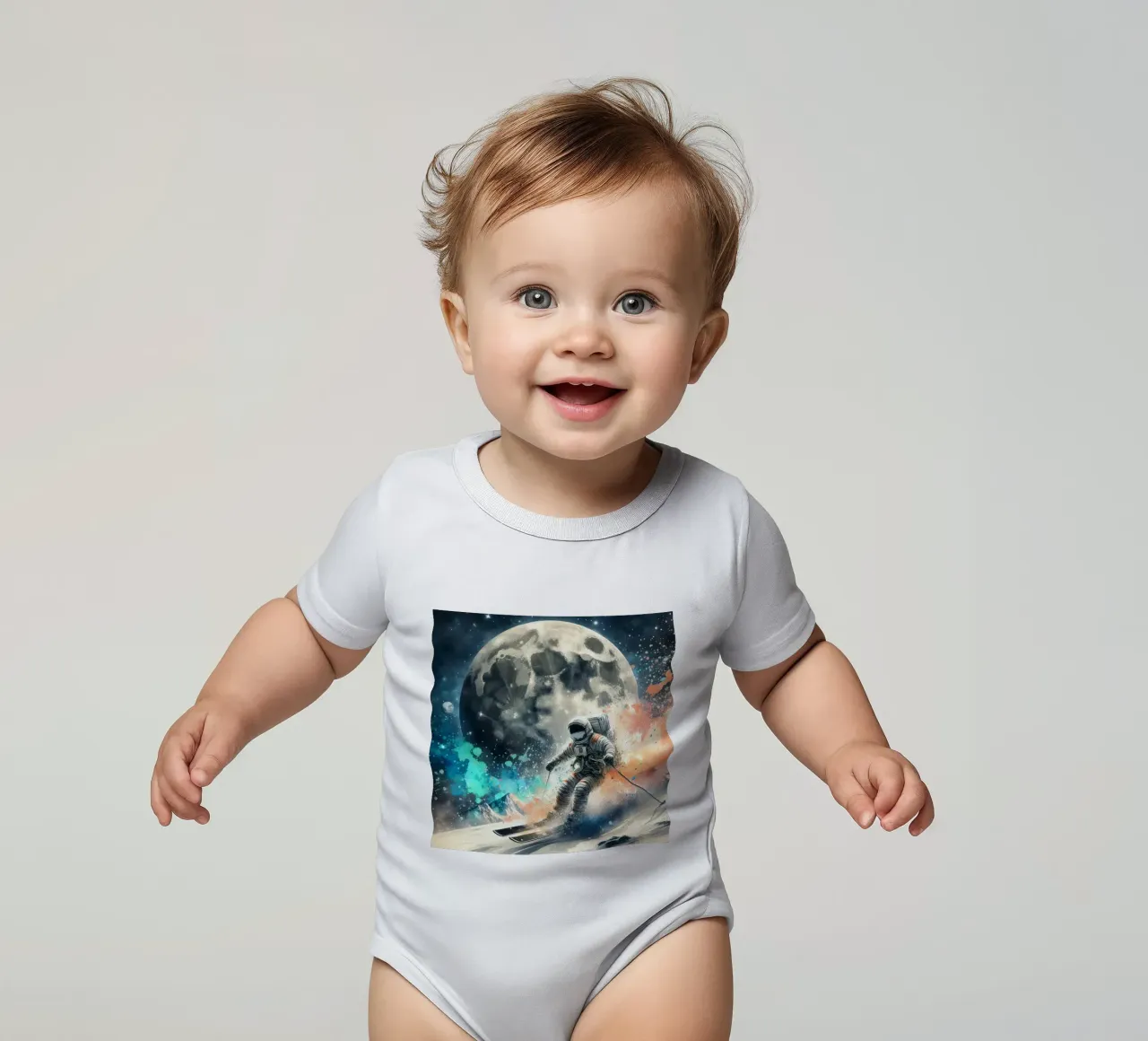 Astronaut skiing on the moon short-sleeve baby romper by 🎁 ARTVI-SHOP