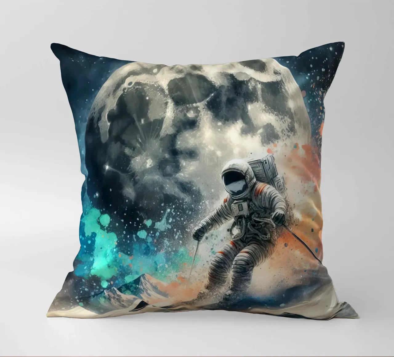 Astronaut skiing on the moon decorative cushion by 🎁 ARTVI-SHOP