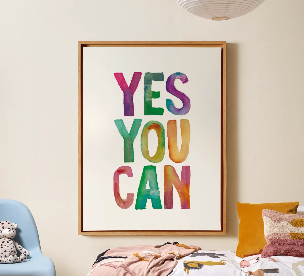 Yes You Can Rainbow Typography Design per le camere dei bambini tela con Cornice a cassetta da THE MOTIVATED TYPE