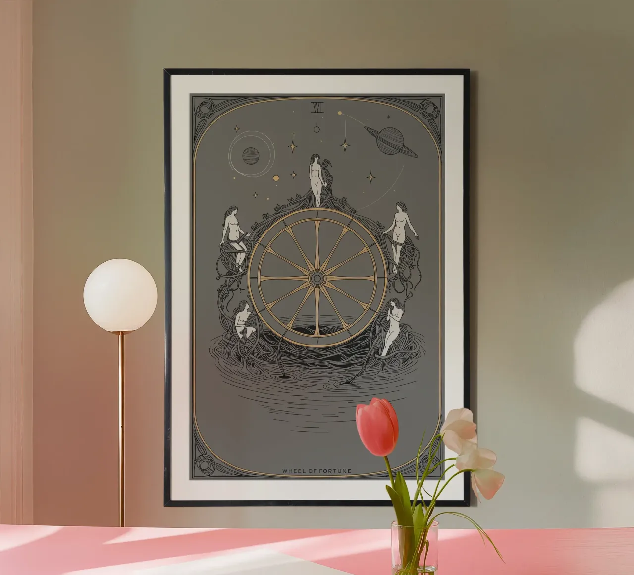 Das Glücksrad - Kosmische Rhythmen Poster mit Kunststoffrahmen von Mystique & Muse