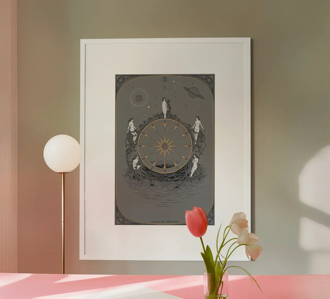 Das Glücksrad - Kosmische Rhythmen Poster mit Kunststoffrahmen von Mystique & Muse
