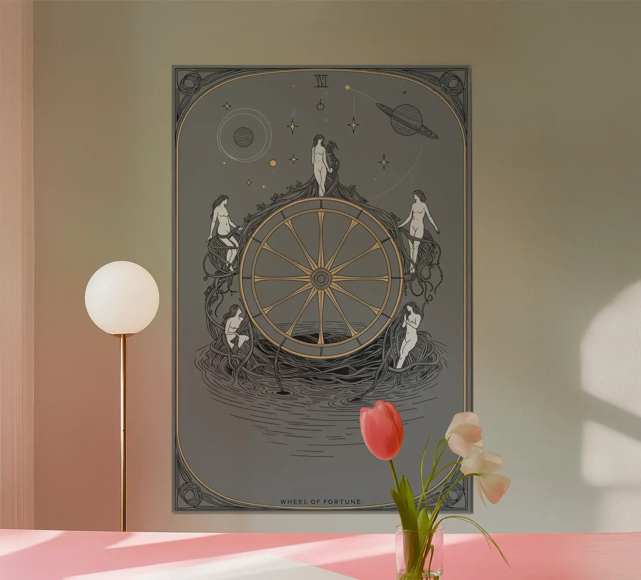 Das Glücksrad - Kosmische Rhythmen Poster mit Kunststoffrahmen von Mystique & Muse