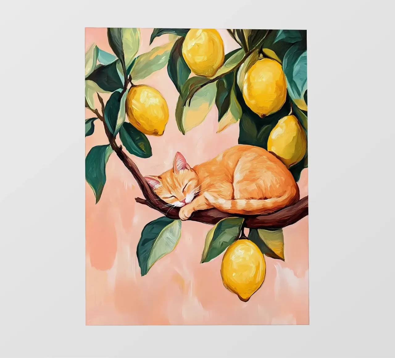 Gatto rosso addormentato su un albero di limoni telo in pvc da IamHomeStudio