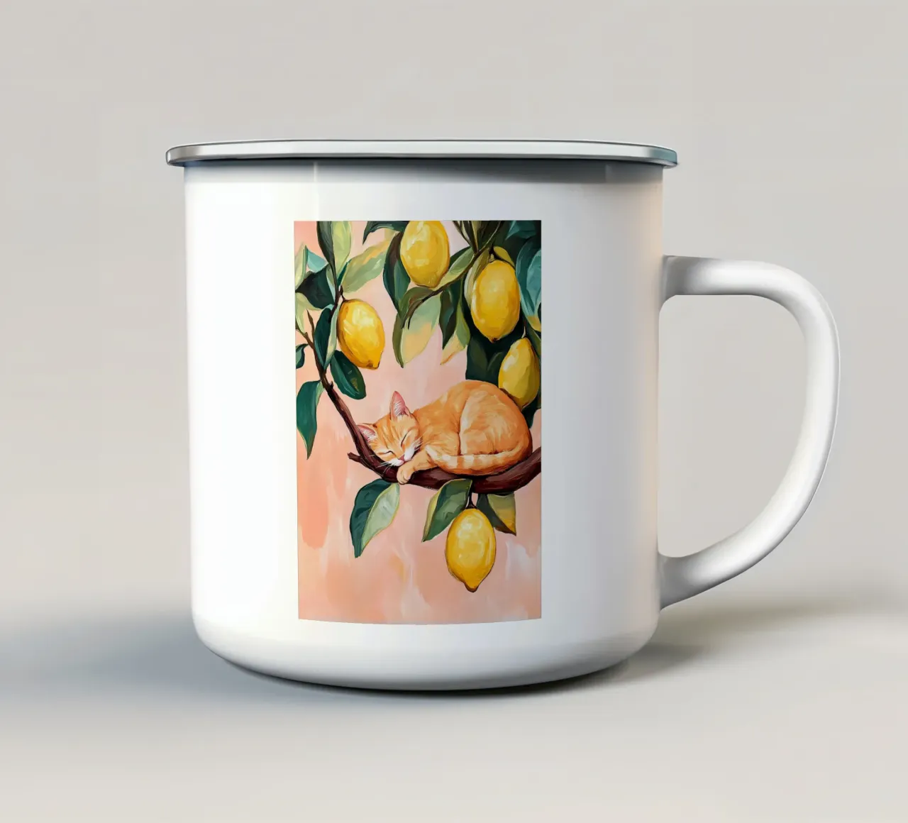 Sleeping red cat on Lemon tree enamel mug by IamHomeStudio