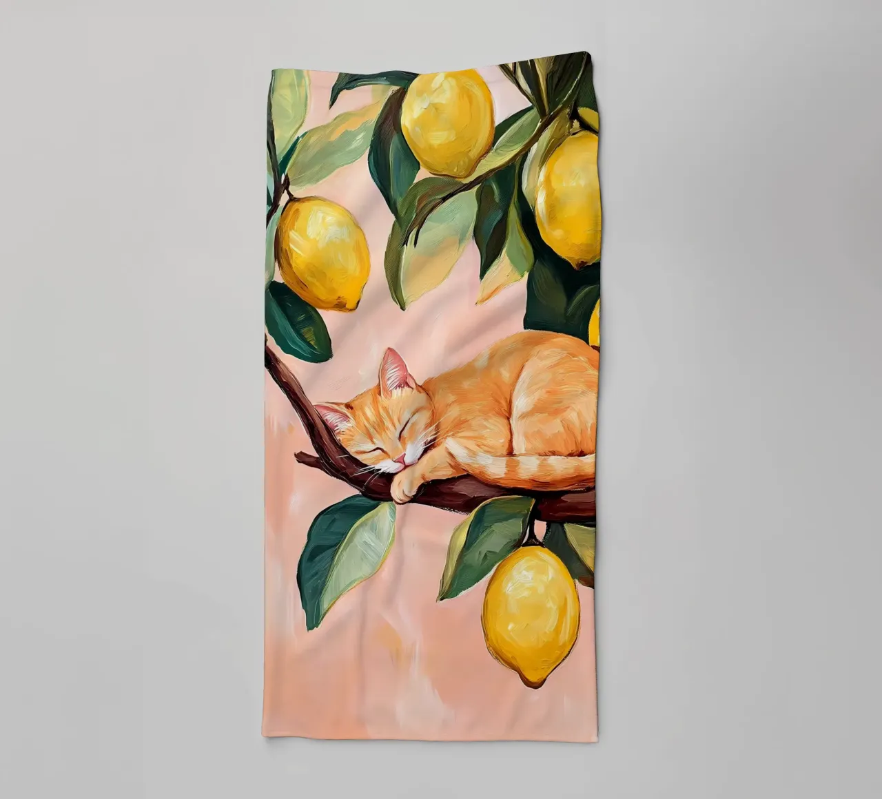 Sleeping red cat on Lemon tree towel by IamHomeStudio