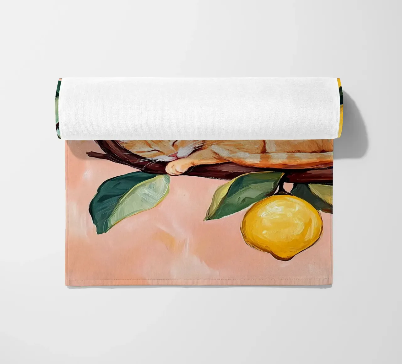 Sleeping red cat on Lemon tree beach towel by IamHomeStudio