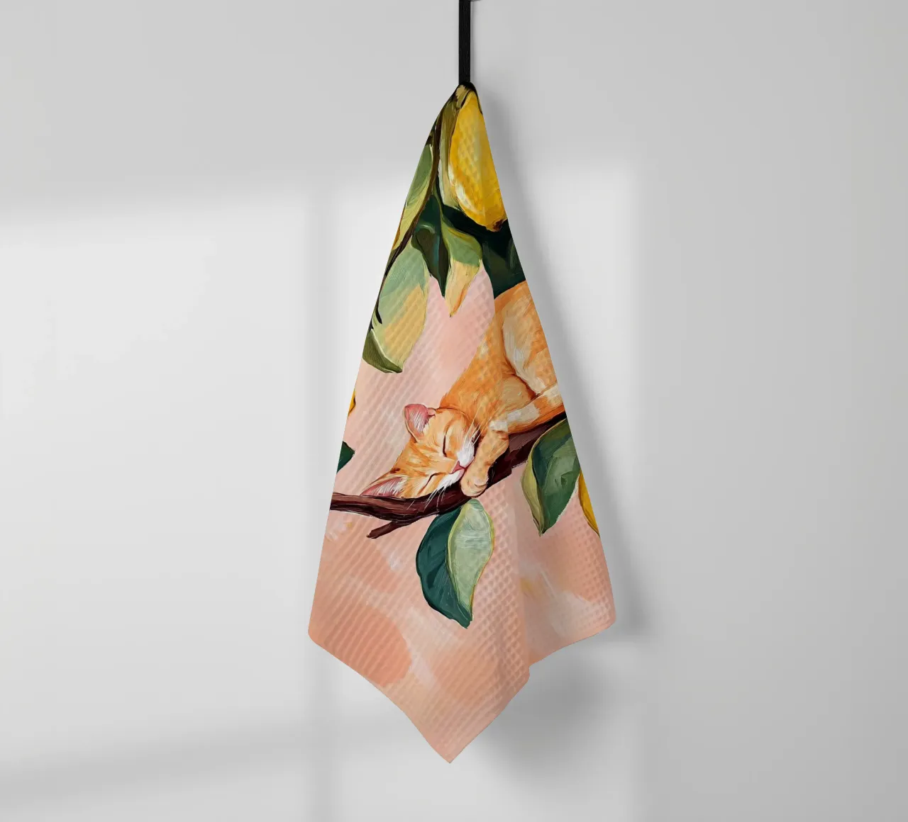 Sleeping red cat on Lemon tree tea towel by IamHomeStudio