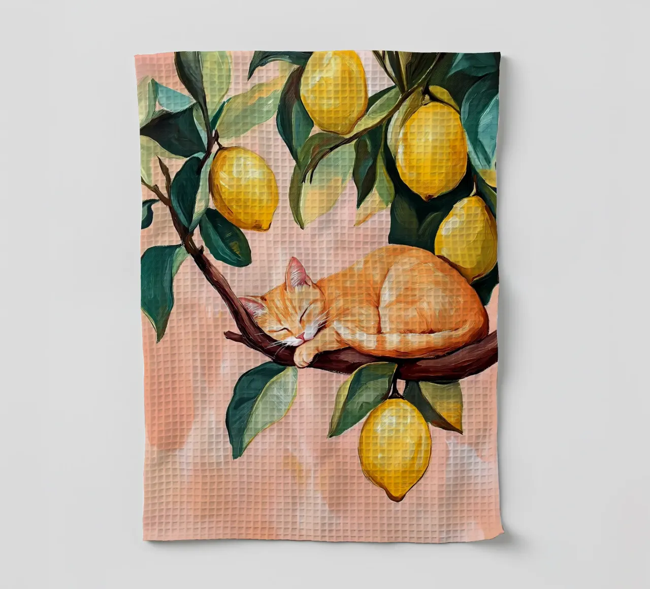 Sleeping red cat on Lemon tree tea towel by IamHomeStudio