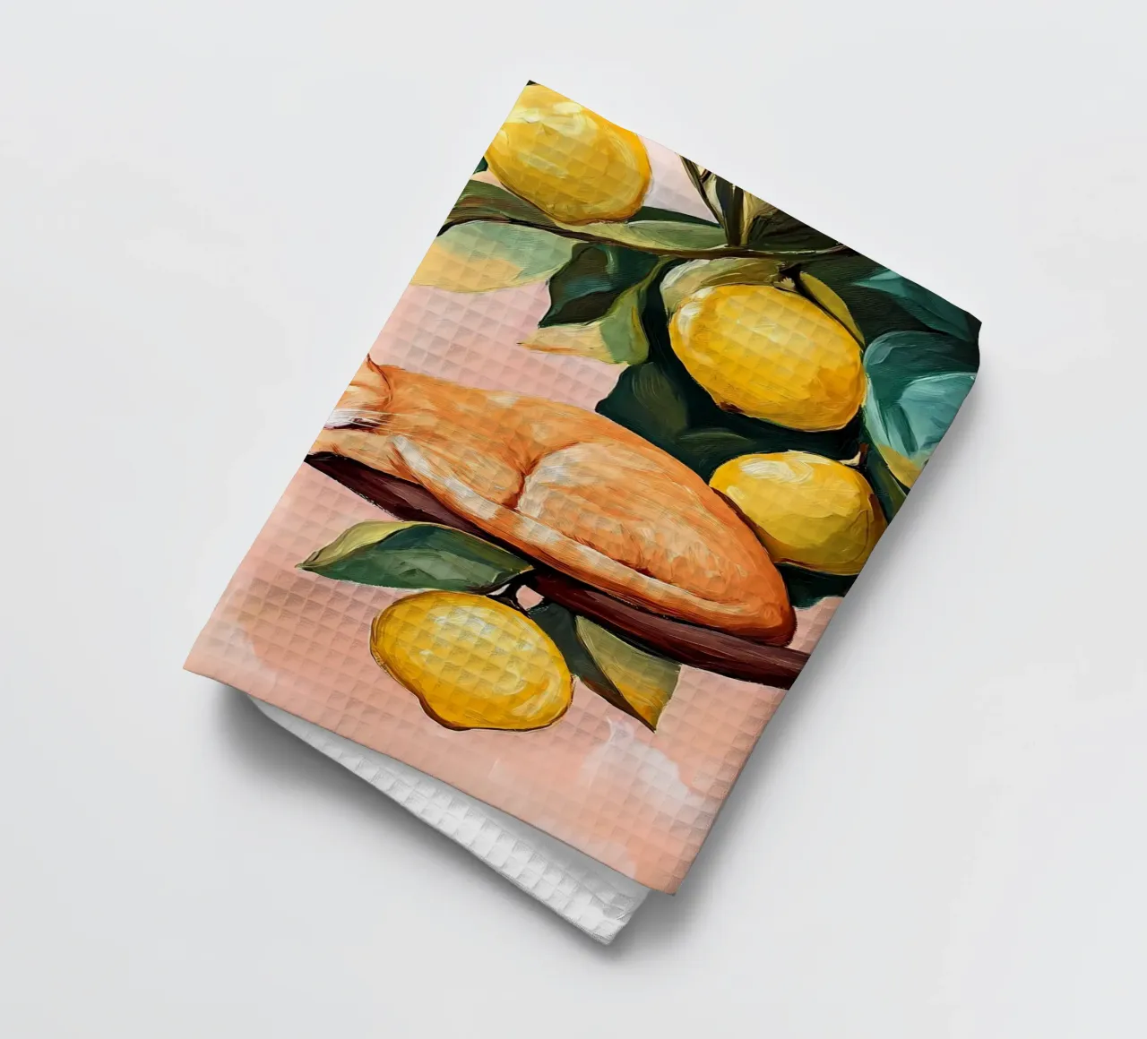 Sleeping red cat on Lemon tree tea towel by IamHomeStudio