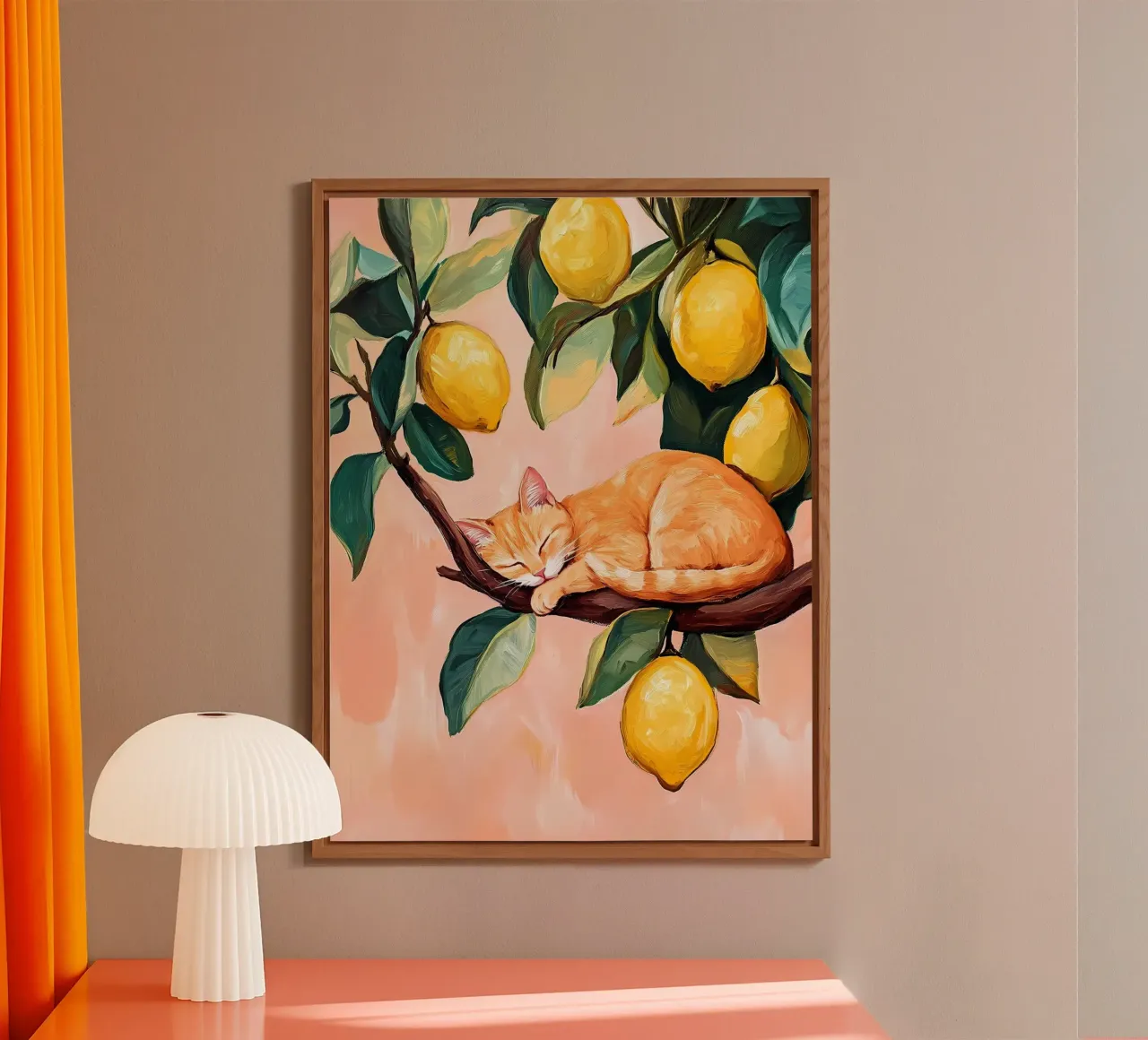 Gatto rosso addormentato su un albero di limoni alluminio dibond da IamHomeStudio