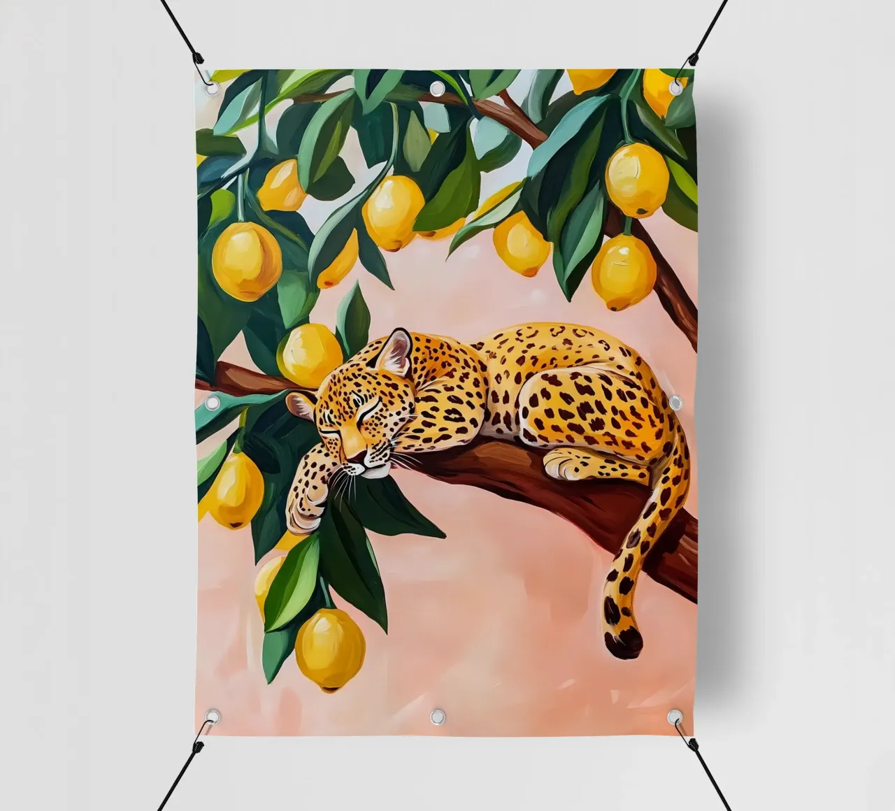 Leopardo addormentato su un albero di limoni telo in pvc da IamHomeStudio