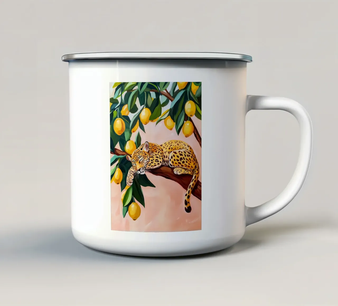 Leopardo addormentato su un albero di limoni tazza in smalto da Olga Wildrose