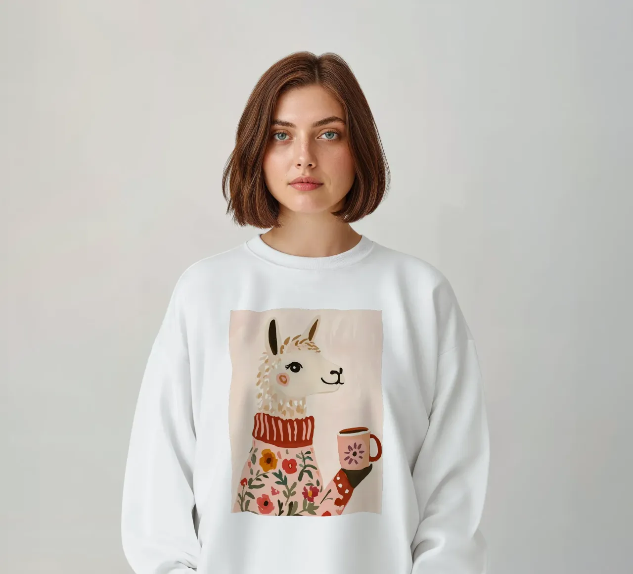 Cute Llama in Sweater with Cup of Coffee felpa da IamHomeStudio