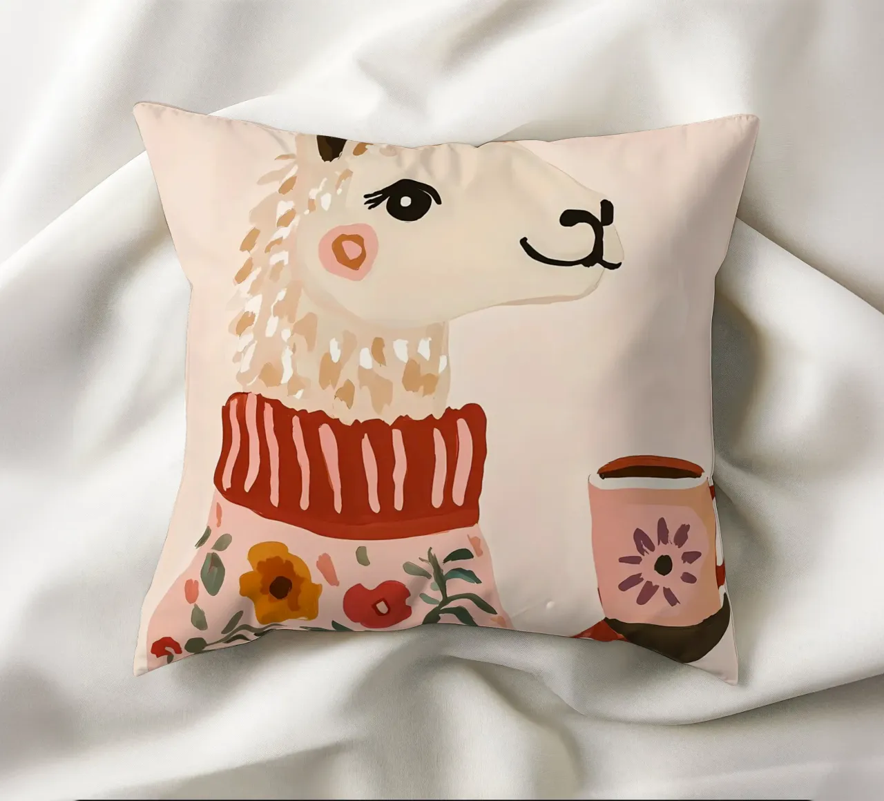Cute Llama in Sweater with Cup of Coffee cuscino da IamHomeStudio