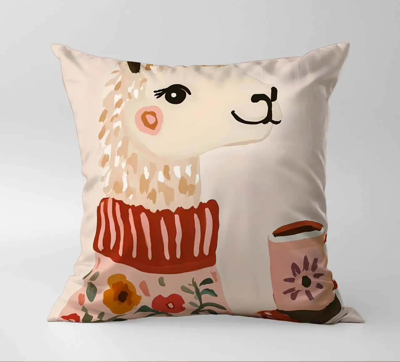 Cute Llama in Sweater with Cup of Coffee cuscino da IamHomeStudio