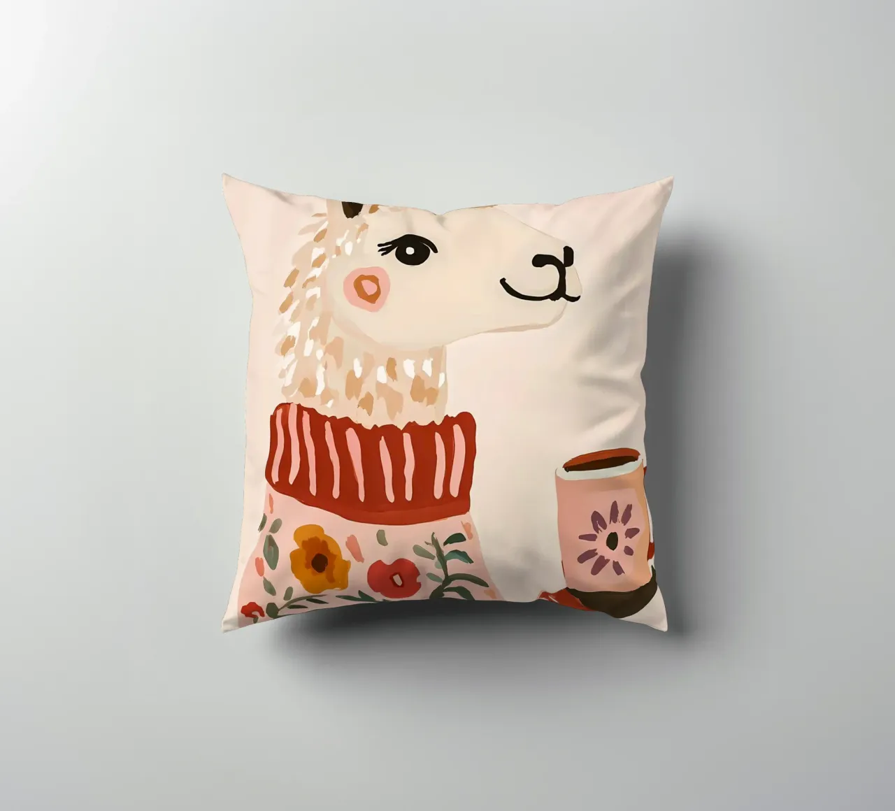 Cute Llama in Sweater with Cup of Coffee cuscino da IamHomeStudio