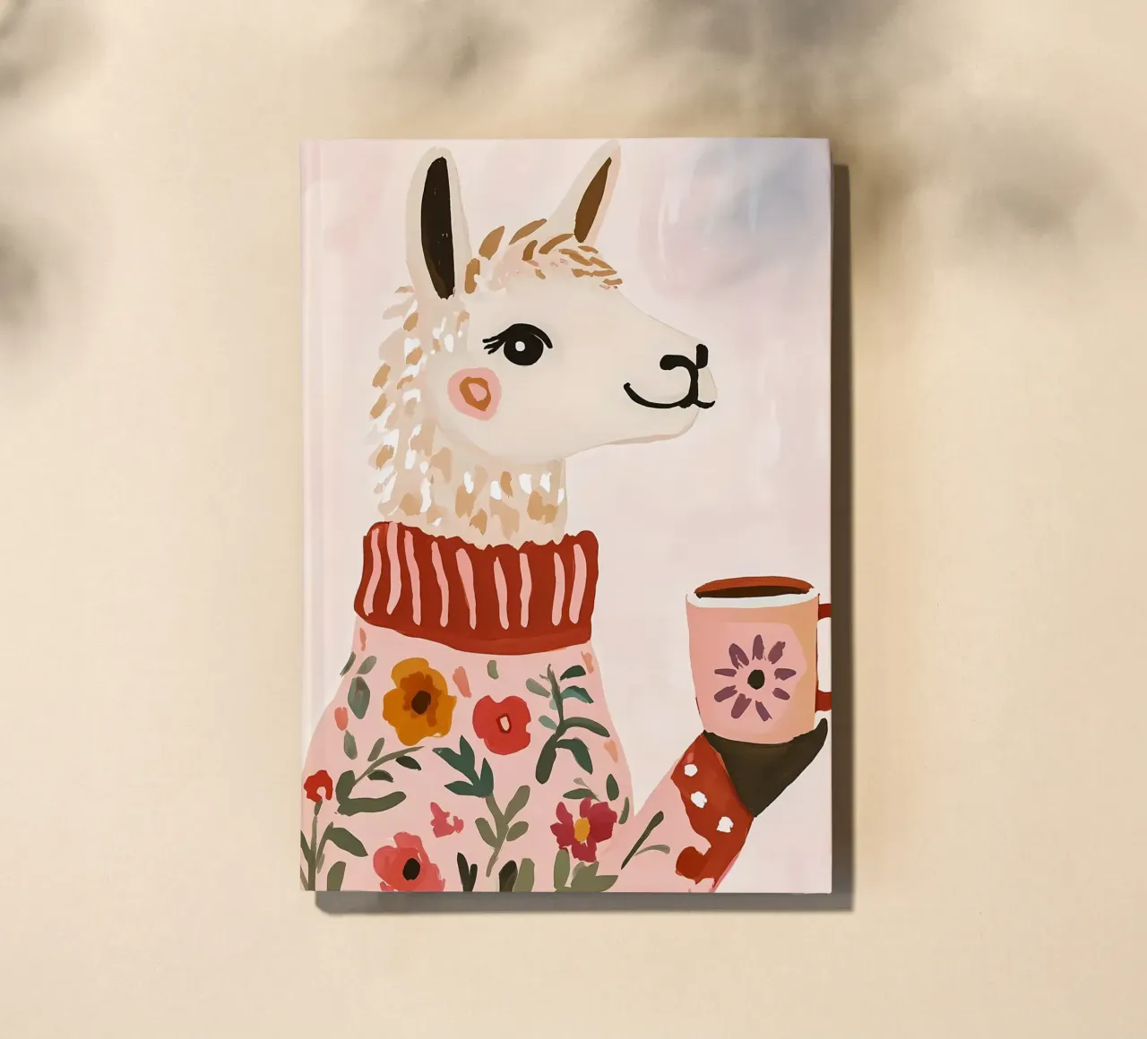 Cute Llama in Sweater with Cup of Coffee Notizbuch von IamHomeStudio