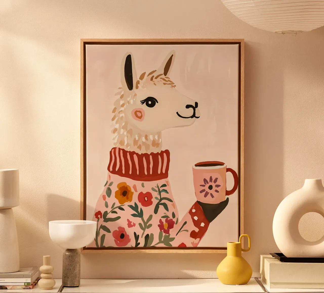 Cute Llama in Sweater with Cup of Coffee tela con Cornice a cassetta da IamHomeStudio